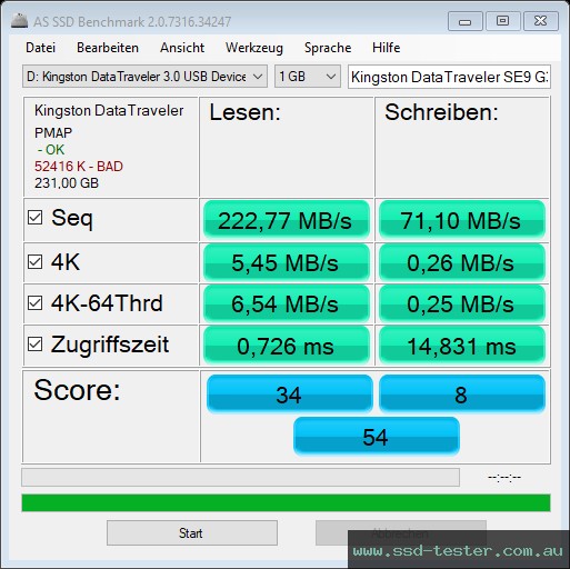 AS SSD TEST: Kingston DataTraveler SE9 G3 256GB