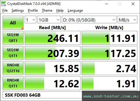 CrystalDiskMark Benchmark TEST: SSK FD003 64GB