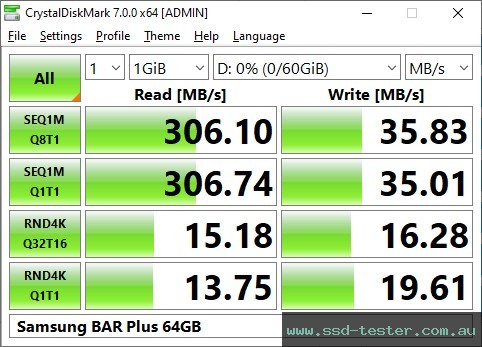 CrystalDiskMark Benchmark TEST: Samsung BAR Plus 64GB