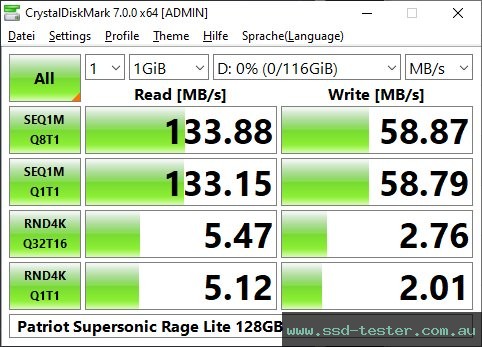 CrystalDiskMark Benchmark TEST: Patriot Supersonic Rage Lite 128GB