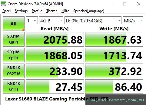 CrystalDiskMark Benchmark TEST: Lexar SL660 BLAZE Gaming Portable SSD 1TB