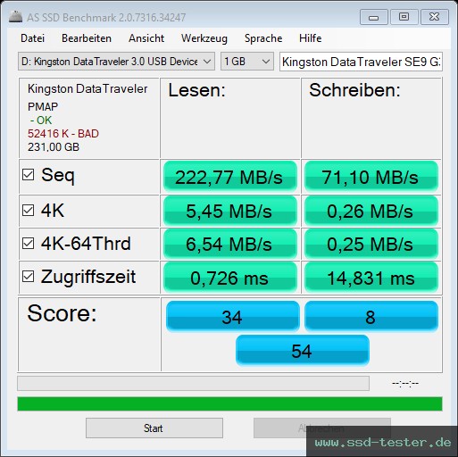 AS SSD TEST: Kingston DataTraveler SE9 G3 256GB