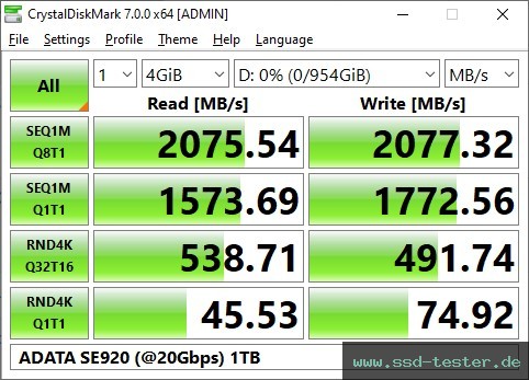 CrystalDiskMark Benchmark TEST: ADATA SE920 (@20Gbps) 1TB