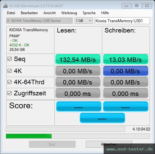 AS SSD TEST: Kioxia TransMemory U301 32GB