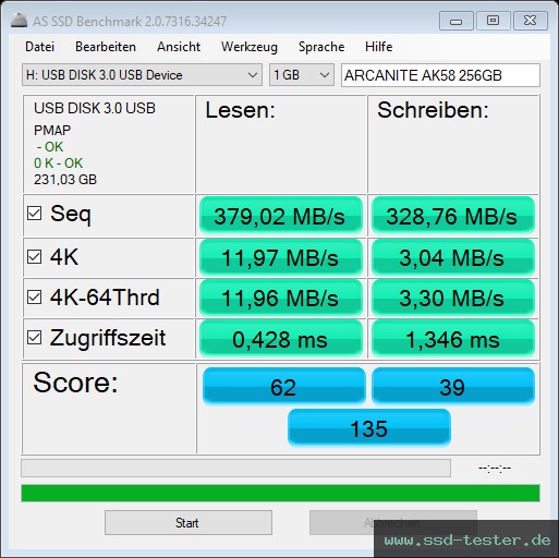 AS SSD TEST: ARCANITE AK58 256GB