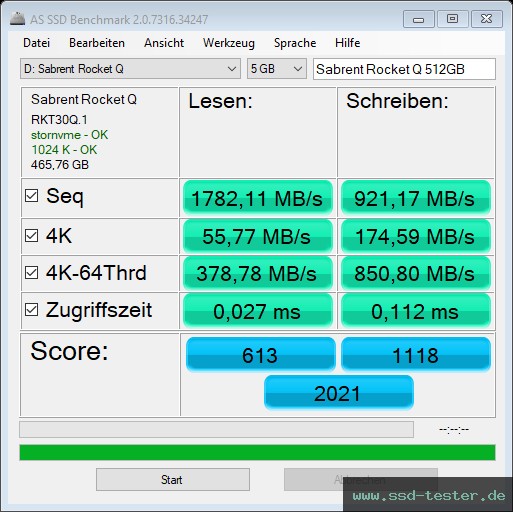 AS SSD TEST: Sabrent Rocket Q 512GB
