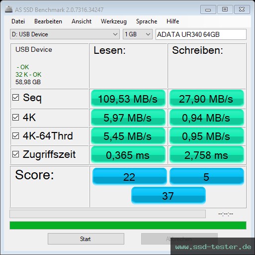 AS SSD TEST: ADATA UR340 64GB