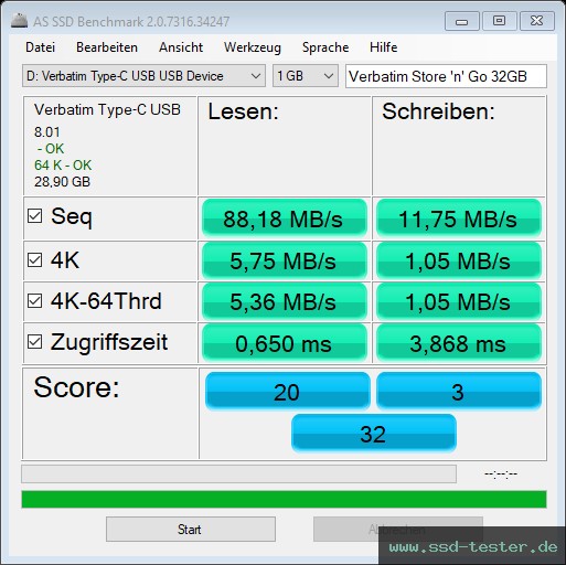 AS SSD TEST: Verbatim Store 'n' Go 32GB