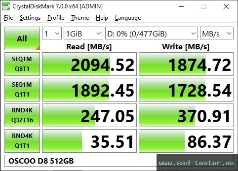 CrystalDiskMark Benchmark TEST: OSCOO D8 512GB