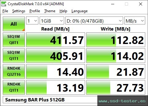 CrystalDiskMark Benchmark TEST: Samsung BAR Plus 512GB