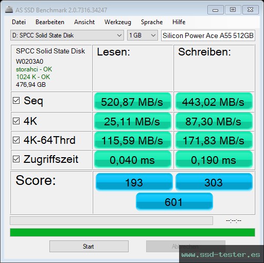 AS SSD TEST: Silicon Power Ace A55 512GB