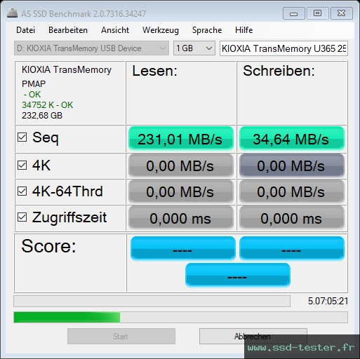 AS SSD TEST: KIOXIA TransMemory U365 256Go