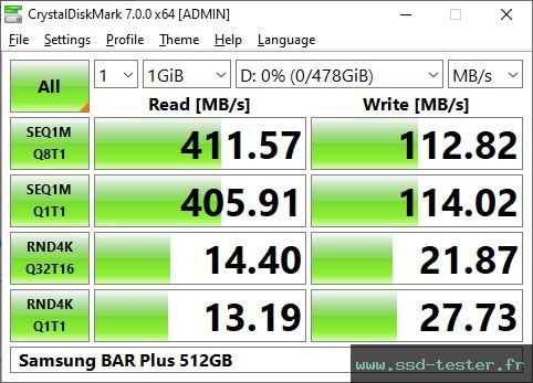 CrystalDiskMark Benchmark TEST: Samsung BAR Plus 512Go