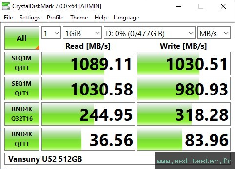 CrystalDiskMark Benchmark TEST: Vansuny U52 512Go