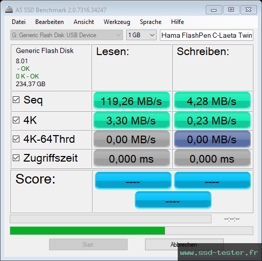 AS SSD TEST: Hama FlashPen C-Laeta Twin 256Go