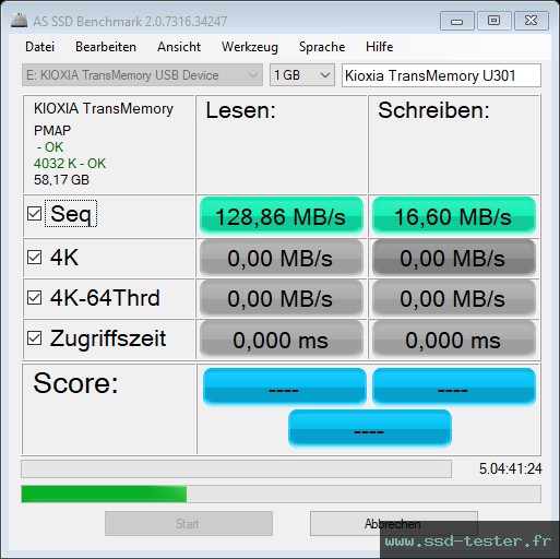 AS SSD TEST: Kioxia TransMemory U301 64Go