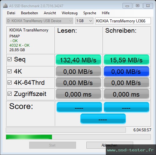 AS SSD TEST: KIOXIA TransMemory U366 32Go