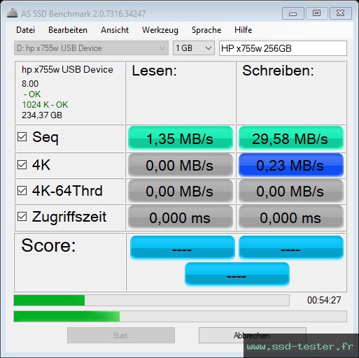 AS SSD TEST: HP x755w 256Go