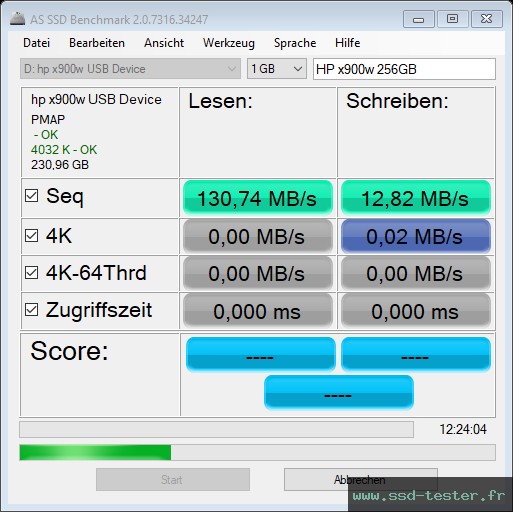 AS SSD TEST: HP x900w 256Go