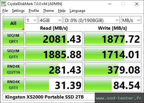 CrystalDiskMark Benchmark TEST: Kingston XS2000 Portable SSD 2To