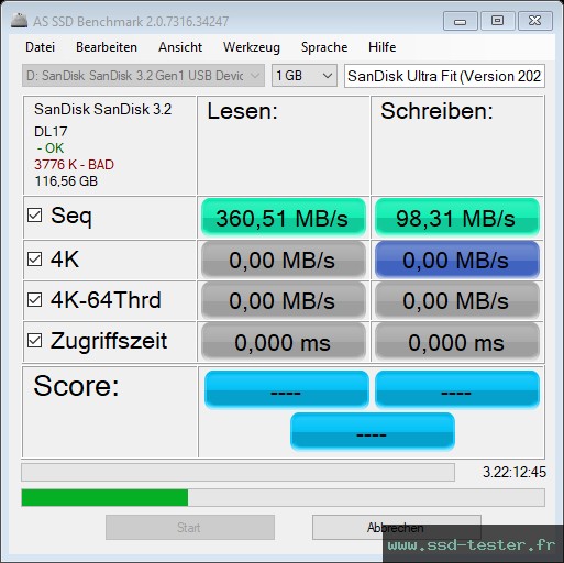 AS SSD TEST: SanDisk Ultra Fit (Version 2023) 128Go