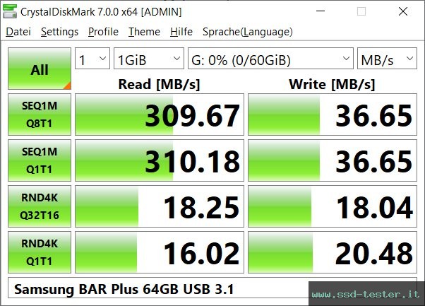 CrystalDiskMark Benchmark TEST: Samsung BAR Plus 64GB