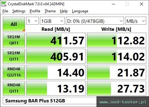 CrystalDiskMark Benchmark TEST: Samsung BAR Plus 512GB