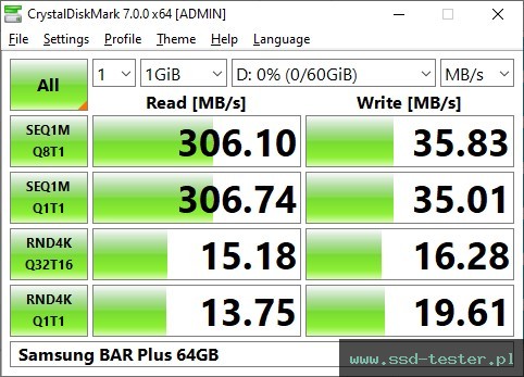 CrystalDiskMark Benchmark TEST: Samsung BAR Plus 64GB