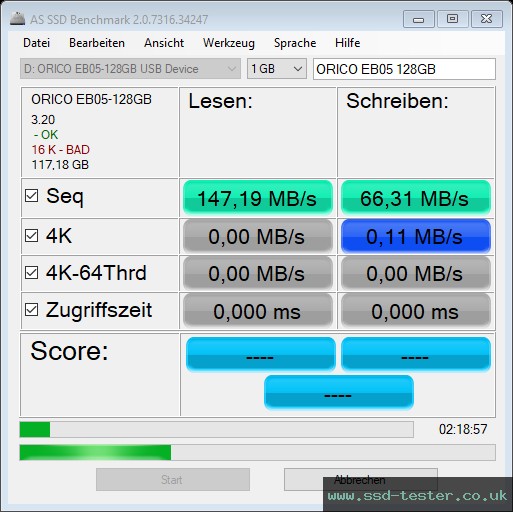 AS SSD TEST: ORICO EB05 128GB