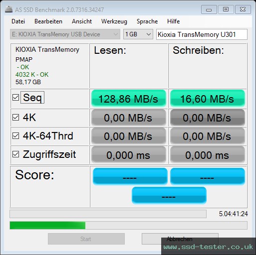 AS SSD TEST: Kioxia TransMemory U301 64GB