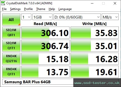 CrystalDiskMark Benchmark TEST: Samsung BAR Plus 64GB