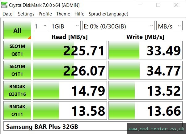 CrystalDiskMark Benchmark TEST: Samsung BAR Plus 32GB